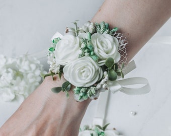 Wedding flower wrist corsage, Bridesmaids lime green corsage, Bridal floral bracelet, Prom corsage, White and sage green wedding accessories