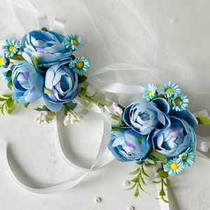 Wedding Peony Wrist Corsage, Dusty Blue Corsage, Corsage for Bridesmaids, Corsage Bracelet, Prom Corsage, Sky Blue Wedding,