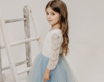 Flower girl dress, Princess dress, Birthday girl dress, Long sleeve tulle wedding dress, Sky blue bridesmaid dress, Dusty blue lace dress