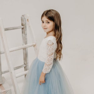 Flower girl dress, Princess dress, Birthday girl dress, Long sleeve tulle wedding dress, Sky blue bridesmaid dress, Dusty blue lace dress