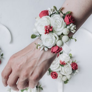 Wedding flower wrist corsage, Bridesmaid corsage, Bridal bracelet, Prom Corsage, Mothers corsage, Burgundy flower wrist corsage, Red wedding