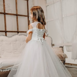 Flower girl dress, Birthday party dress, Ivory princess dress, Long tulle wedding dress, Junior bridesmaid dress, Communion dress