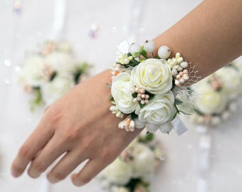 Flower corsage, Wedding corsage, Bridesmaids corsage, Wrist corsage, Bridal bracelet, Prom corsage, White and coral wedding, Pastel Wedding