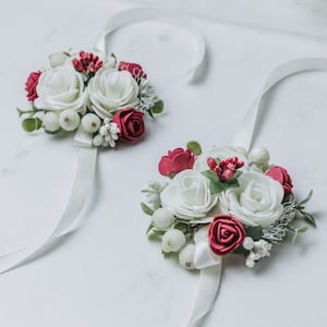 Wedding flower wrist corsage, Bridesmaid corsage, Bridal bracelet, Prom Corsage, Mothers corsage, Burgundy flower wrist corsage, Red wedding