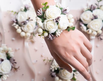 Flower wrist corsage, Wedding corsage, Bridesmaids corsage, Corsage bracelet, Prom corsage, Purple corsage, Artificial flower corsage