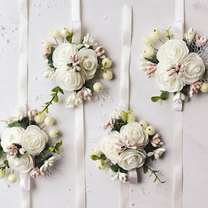 Wedding Corsage, Flower Wrist Corsage, Floral Corsage, for Bridesmaids, Bridal Flower Bracelet, Prom Wrist Corsage, White and Coral Wedding