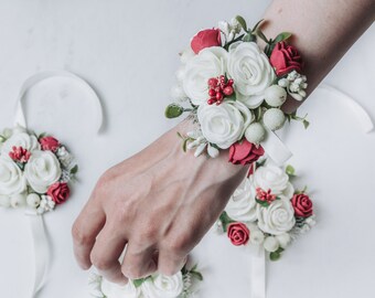 Hochzeit Blumen handgelenk corsage weiß/silber grau Rose & Knopf Loch weiß Rose 