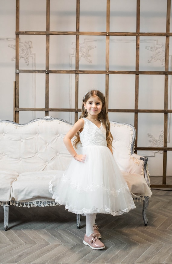 open lace back dress Tulle flower girl dress, Flower dress ivory, Communion dress, Pearl dr –  Colibri Fashion Studio main image 0
