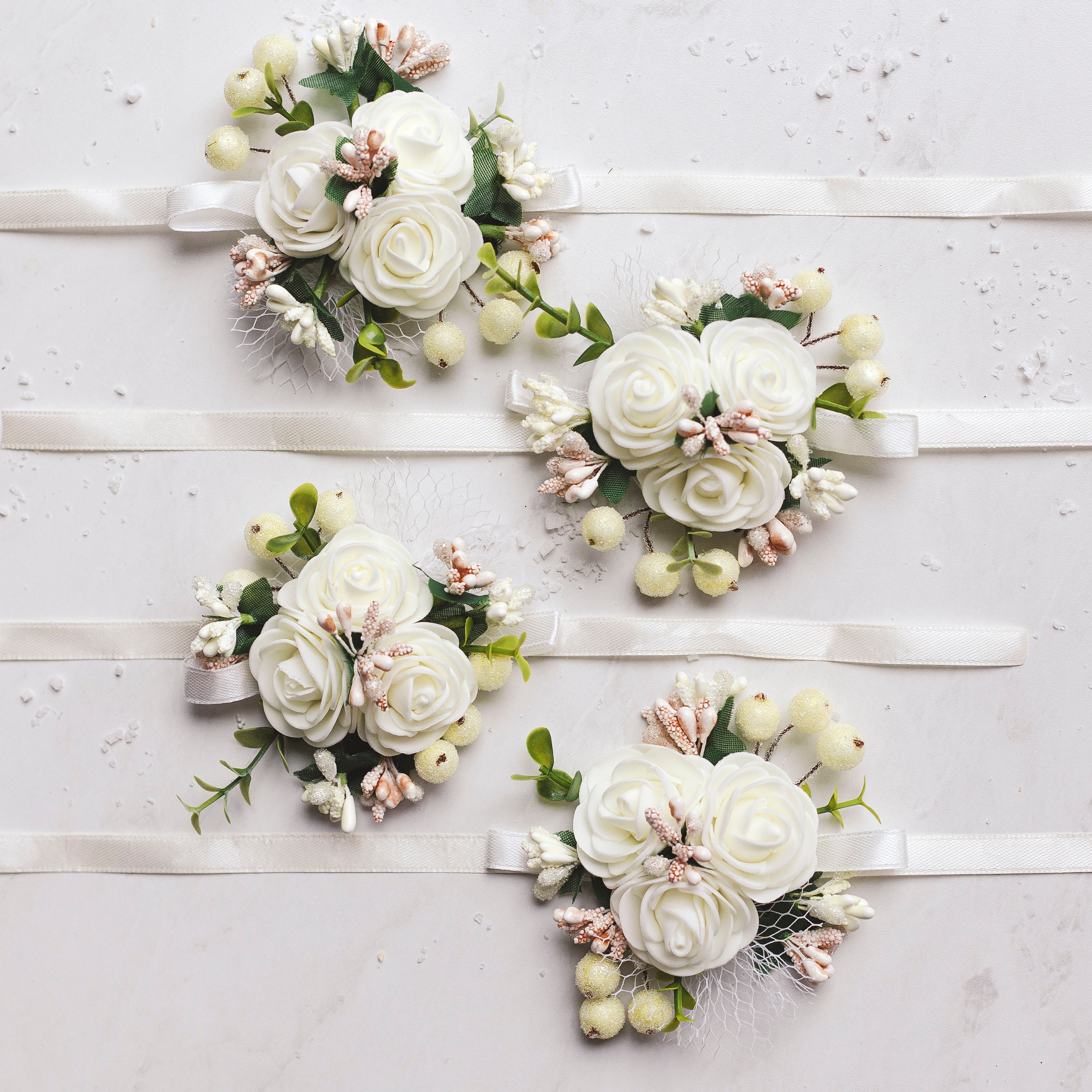 Fdit Set di 2 braccialetti da damigella d'onore squisiti da polso floreali da donna, ragazza, corpetto per feste, balli, fiori, bouquet per feste, matrimoni, (# 5 champagne + bianco