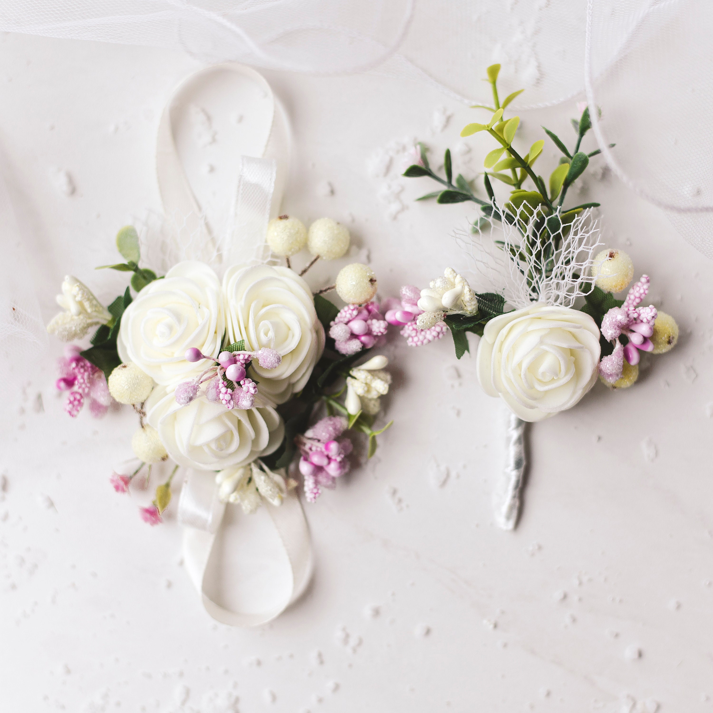 White and pink flower wrist corsage Wedding corsage | Etsy