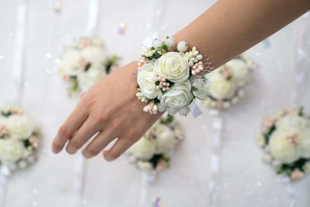 CASDRE Bride Wedding Wrist Corsage Bridal Hand Flower with Ribbon Corsage  Wristlet Wedding Accessories for Women and Girls (Blue)