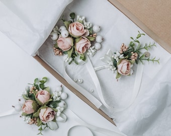 Wedding Flower Wrist Corsage, Blush Pink Corsage for Bridesmaids, Bridal Floral Bracelet, Dusty Pink Prom Corsage, Dusty Rose Wedding