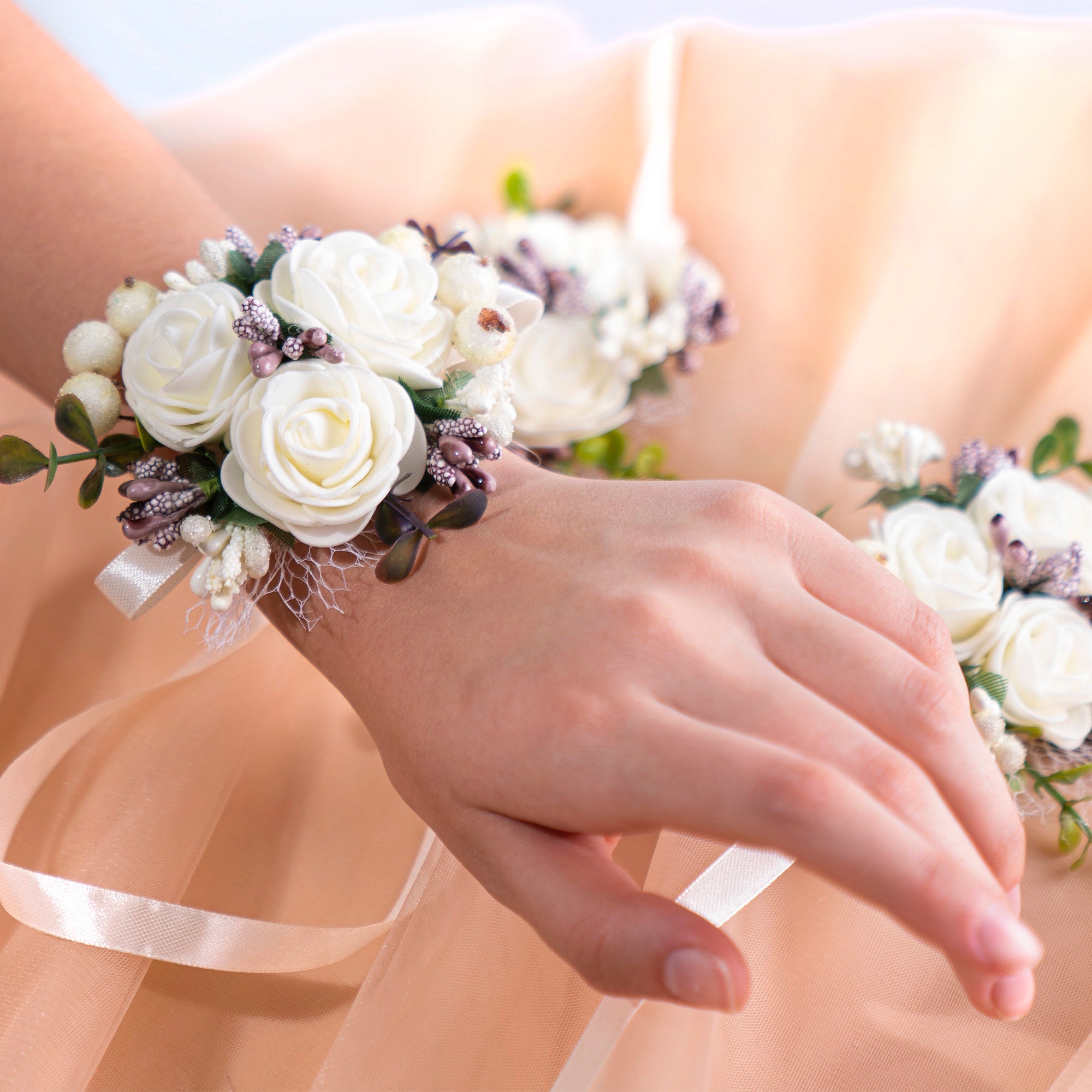 Flower Corsage, Wedding Corsage, Bridesmaids Corsage, Wrist Corsage, Bridal  Bracelet, Prom Corsage, White and Coral Wedding, Pastel Wedding 