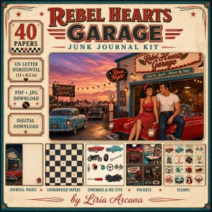 以下が含まれることがあります： Rebel Hearts Garageジャンクジャーナルキット。横型用紙40枚入り。PDFおよびJPG形式のデジタルダウンロードで、クラシックカーのグラフィック、1950年代風のシーン、様々なエフェメラやダイカット要素が含まれています。