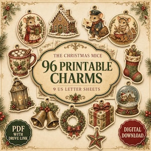 Puede incluir: Una colección de 96 dijes navideños imprimibles en 9 hojas, con ilustraciones de ratones, una casa de jengibre, una taza, un calcetín, un farol, campanas, una corona, un regalo y una estrella, con el texto THE CHRISTMAS MICE.