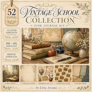 Può includere: Un kit digitale per junk journal intitolato Vintage School Collection con 52 carte. Il kit include file in formato lettera USA orizzontale da 11 x 8,5 pollici, formati PDF e JPG e download digitali. Il design mostra libri e un mappamondo.