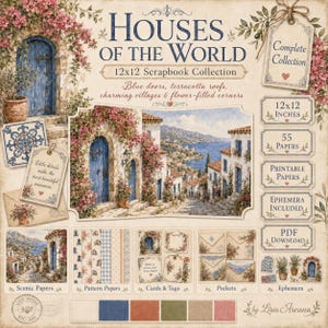 Puede incluir: Colección de scrapbooking Houses of the World 12x12 con 55 papeles, papeles imprimibles y efímeros. El set incluye papeles escénicos, papeles con patrones, tarjetas, etiquetas y bolsillos con puertas azules y techos de terracota.