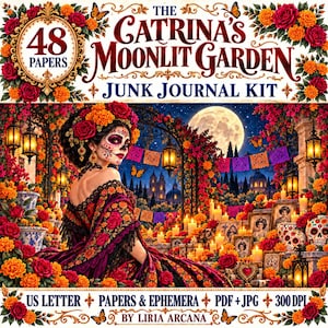 Puede incluir: El kit de diario basura The Catrina's Moonlit Garden incluye 48 papeles, efímeros y archivos digitales. La portada muestra a una persona con maquillaje de calavera y vestido floral, rodeada de flores de cempasúchil, faroles y luna.
