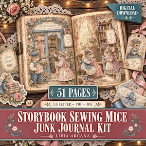 Junk Journal Kits The Little Tailor Mice | 51 Papeles Digitales US Letter | PDF y JPG | Ratones Costureros Vintage | Sewing Mice Printable