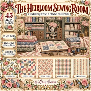 Puede incluir: Una colección digital titulada The Heirloom Sewing Room con 45 papeles, 30,48x30,48 cm, PDF y JPG, 300 DPI. La imagen muestra pilas de telas florales y estampadas, un libro abierto de diseños de acolchado, artículos de costura y cinco muestras.