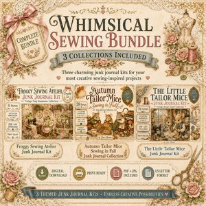 Puede incluir: Un paquete de diarios creativos digitales con tres kits de costura: Froggy Sewing Atelier, Autumn Tailor Mice y The Little Tailor Mice. El diseño incluye detalles florales, un maniquí, tijeras y etiquetas de texto descriptivas.