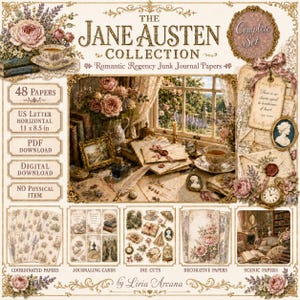 Può includere: Il kit per junk journal digitale The Jane Austen Collection include 48 fogli orizzontali, schede per diario, fustelle e carte decorative con motivi floreali, vintage e dell'epoca Regency per progetti creativi.