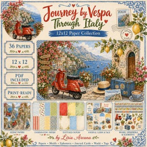 Journey by Vespa Through Italy Scrapbook Paper Collection, Printable 12x12 Papers, Italian Summer Junk Journal Kit, Ephemera & Tags