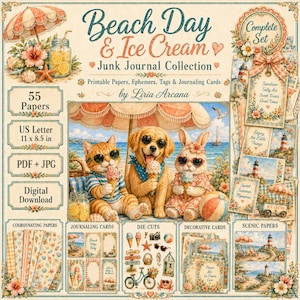 Puede incluir: Una colección de junk journal digital titulada Beach Day & Ice Cream de Liria Arcana, con 55 papeles imprimibles en formato de 27,9 x 21,6 cm. El set incluye archivos PDF y JPG con ilustraciones de un gato, un perro y un conejo en la playa.