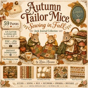 Puede incluir: Una colección de junk journal digital titulada Autumn Tailor Mice Sewing in Fall de Liria Arcana. La imagen muestra tres ratones cosiendo colchas de patchwork, rodeados de hojas de otoño, calabazas y artículos de costura. Incluye 59 papeles en formato horizontal de 27,9 x 21,6 cm, archivos PDF y JPG, y varios efímeros, etiquetas y patrones imprimibles.