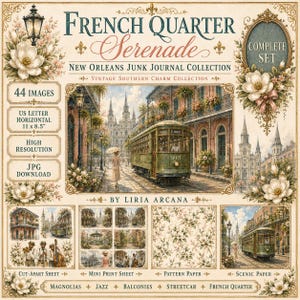 Peut inclure: Une collection de journal créatif numérique intitulée French Quarter Serenade par Liria Arcana. L'ensemble comprend 44 images, des fichiers JPG haute résolution au format lettre US horizontal de 27,9 x 21,6 cm avec des tramways, musiciens et magnolias.