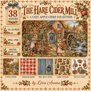 Puede incluir: Una colección digital titulada The Hare Cider Mill con 38 papeles en formato de 30,5 x 30,5 cm. El conjunto incluye archivos JPEG y PNG con ilustraciones de conejos, huertos de manzanas, molinos de sidra, cuadros rojos y madera azul.