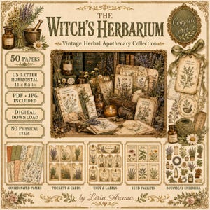 Puede incluir: Un conjunto de descarga digital titulado The Witch's Herbarium, que incluye 50 papeles de estilo vintage en formato de 27,9 x 21,6 cm. Contiene efímeros botánicos, sobres de semillas, etiquetas, tarjetas y bolsillos con ilustraciones.