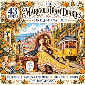 Puede incluir: Kit de diario basura The Marigold Tram Diaries con 43 papeles, un tranvía amarillo y un personaje con vestido amarillo sobre un baúl. Texto: 'Lisboa Always a Good Idea', 'US Letter', 'Papers & Ephemera', 'PDF + JPG', '300 DPI'.