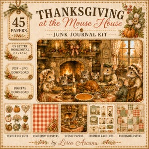 Puede incluir: Un kit de diario basura Thanksgiving at the Mouse House con 45 papeles en formato de 27,9 x 21,6 cm. La descarga digital incluye archivos PDF y JPG de recortes textiles, papeles coordinados, papeles escénicos y diversos elementos efímeros.
