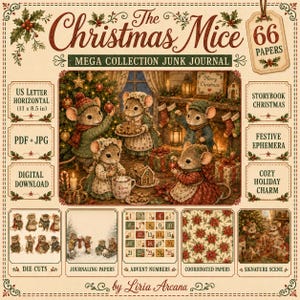 Puede incluir: Una colección de diario digital titulada The Christmas Mice que incluye 66 papeles en formato de 27,9 x 21,6 cm. El diseño presenta ilustraciones de ratones en entornos navideños, recortes, números de adviento y patrones coordinados.