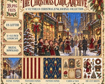 Puede incluir: Una colección digital titulada The Christmas Carol Archive con elementos de diario de Navidad victoriano. Incluye 39 archivos JPEG, tamaño carta de EE. UU., páginas horizontales de 11 por 8.5 pulgadas, papeles escénicos, rayas, patrones, tarjetas, etiquetas y troqueles.