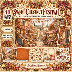 Puede incluir: Una colección de scrapbooking digital titulada Sweet Chestnut Festival con 41 papeles en formato de 12x12 pulgadas. El diseño incluye ilustraciones otoñales de un mercado de pueblo, patrones de castañas, lazos de cuadros y faroles.