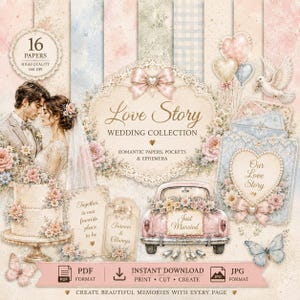 Puede incluir: Un kit de scrapbooking digital titulado Love Story Wedding Collection que incluye 16 papeles de alta calidad, un pastel de bodas, novios, un coche rosa con un letrero de Just Married, globos de corazón, una paloma blanca y flores.