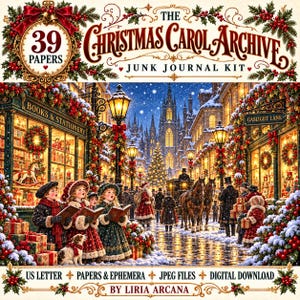 Op de afbeelding: De Christmas Carol Archive Junk Journal Kit bevat 39 vellen, US letter, papier en ephemera, JPEG-bestanden en digitale download door Liria Arcana. De afbeelding toont een besneeuwd Victoriaans straatbeeld met kerstzangers en een koets.