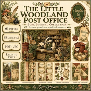 Può includere: Un kit digitale per junk journal intitolato The Little Woodland Post Office con animali del bosco, tra cui un coniglio e un tasso, in un ufficio postale. Include 61 carte, formati US Letter e A4, file PDF e JPG, pronti per la stampa.