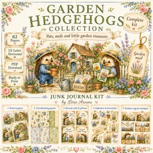 Puede incluir: Un kit de diario basura Garden Hedgehogs Collection con ilustraciones de erizos en un jardín con una casa, flores y herramientas. El kit incluye 62 papeles, formato horizontal US Letter, descarga en PDF y archivos listos para imprimir.