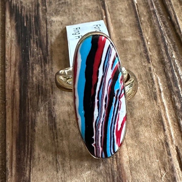Fordite Alchemia Gold Adjustable Ring by Charles Albert, 5 6 7 8 9 10, Detroit Agate, Motor City Agate