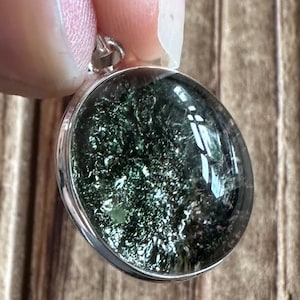 Lodolite Sterling Silver Pendant, Green Scenic Quartz, Oval Gemstone, Garden Scene Gem, Natural Stone Jewelry