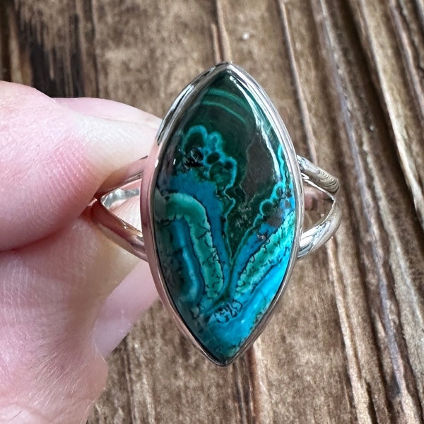 Malachite in Chrysocolla Sterling Silver Ring, Size 10, Blue Green Gem, Marquise Gemstone, Natural Stone Jewelry