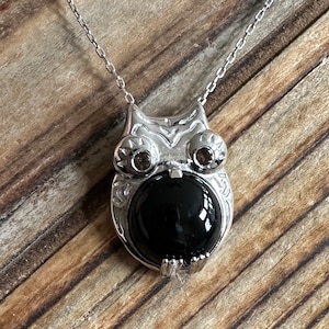 Black Onyx & Smoky Quartz Sterling Silver Owl Pendant Necklace, 16” 17” 18”, Natural Gemstone Jewelry