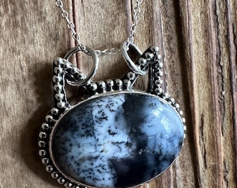 Dendritic Opal Sterling Silver Kitty Pendant, Black White Gem, Cat Feline Pet Design, Natural Gemstone Jewelry