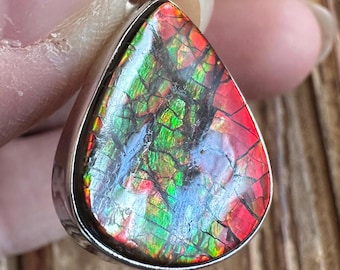 Ammolite Sterling Silver Pendant, Red Green Orange Gemstone, Rare Fossil Gem, Natural Stone Jewelry