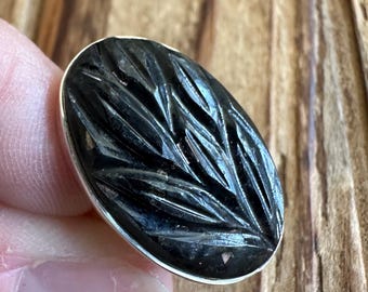 Rare Carved Nuummite Sterling Silver Ring, Size 6, Greenland Gem, Oval Carving Gemstone, Gold Bronze Flash, Natural Stone Jewelry