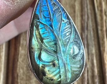 Carved Labradorite Sterling Silver Pendant, Hand Carved Floral Design, Blue Green Yellow Flash Gem, Natural Gemstone Jewelry