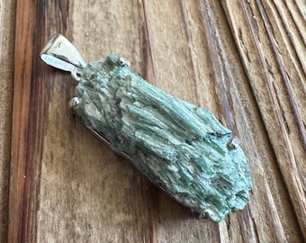 Actinolite Sterling Silver Pendant, Rough Raw Mineral Specimen Gem, Green Gemstone, Natural Stone Jewelry, Artisan